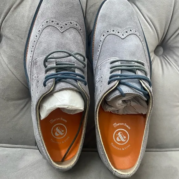 Thomas &amp; Vine Mens Chadwick Wingtip Derby Shoes Gray Size 9.5 (new Whit out box)