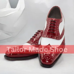 Two-Tone Red and White Wingtip Oxford Shoes – Handcrafted Elegance Luxury Men’s Brogue Shoes in Patent Leather