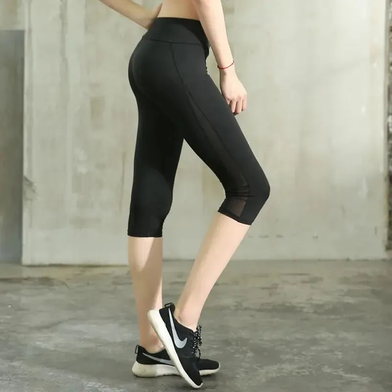 Women Cropped Yoga Pant Gym Workout Bottom Mesh Sport Leggings Skinny Capris 3/4 Running Trouser Slim Crop Fitness Tights