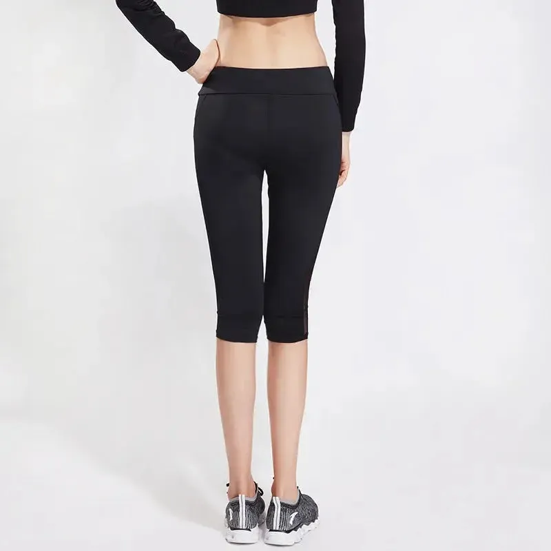 Women Cropped Yoga Pant Gym Workout Bottom Mesh Sport Leggings Skinny Capris 3/4 Running Trouser Slim Crop Fitness Tights