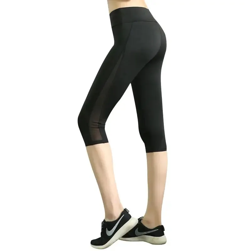 Women Cropped Yoga Pant Gym Workout Bottom Mesh Sport Leggings Skinny Capris 3/4 Running Trouser Slim Crop Fitness Tights