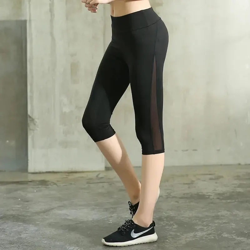 Women Cropped Yoga Pant Gym Workout Bottom Mesh Sport Leggings Skinny Capris 3/4 Running Trouser Slim Crop Fitness Tights