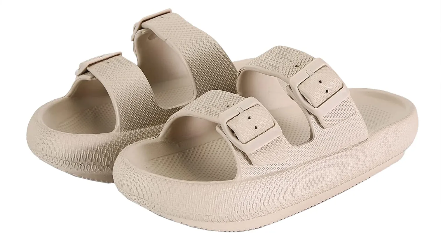 Women Men Cloud Slides for Quick Drying Non-Slip Double Buckle Pool Beach Sandals Open Toe Soft Thick Sole Cushioned Pillow Slippers Bathroom Massage Spa Shower Shoes