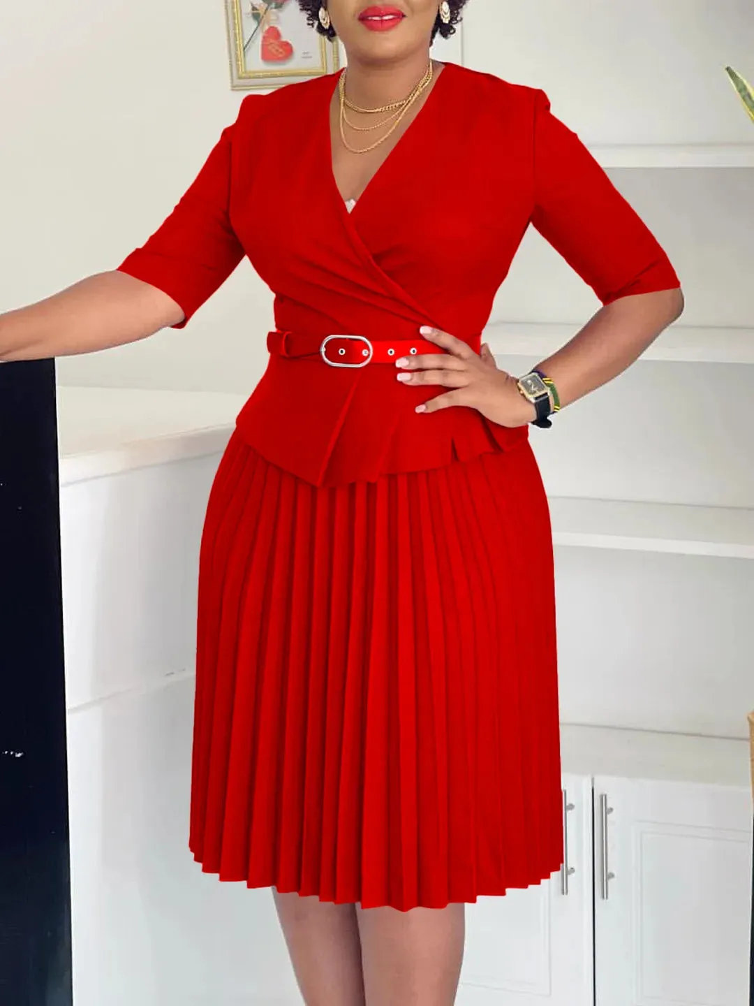 Women's 2024 New Fashion Plus Size V-Neck Pleated Dress
