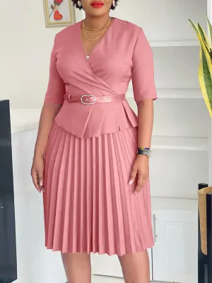 Women's 2024 New Fashion Plus Size V-Neck Pleated Dress