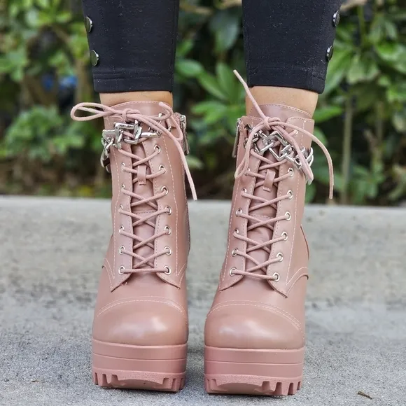 Women's Nude Platform Heel Boots Chunky Ankle Lace Up