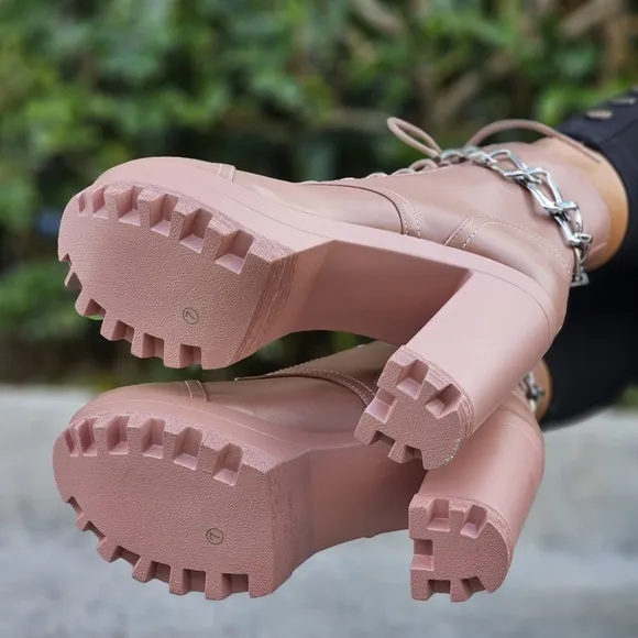 Women's Nude Platform Heel Boots Chunky Ankle Lace Up