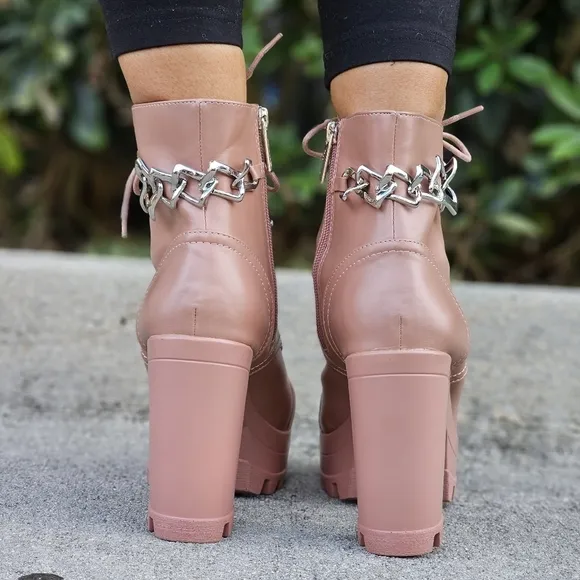 Women's Nude Platform Heel Boots Chunky Ankle Lace Up