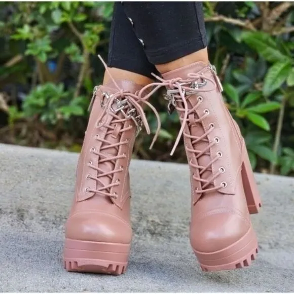 Women's Nude Platform Heel Boots Chunky Ankle Lace Up