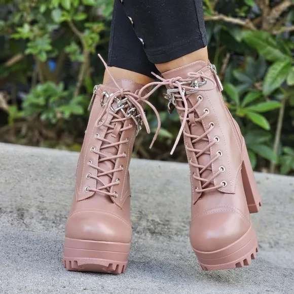 Women's Nude Platform Heel Boots Chunky Ankle Lace Up