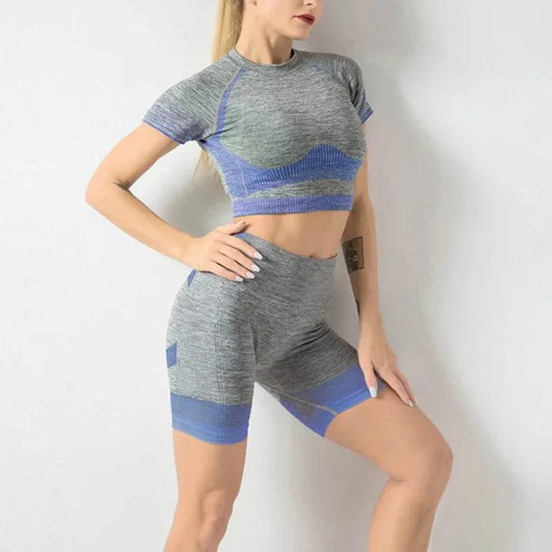 Women's Seamless Striped Gym Wear Shockproof Sports Bra Running T-shirt Fitness Shorts Fashion Elastic Tight Yoga Pants Set