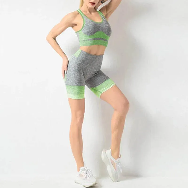 Women's Seamless Striped Gym Wear Shockproof Sports Bra Running T-shirt Fitness Shorts Fashion Elastic Tight Yoga Pants Set