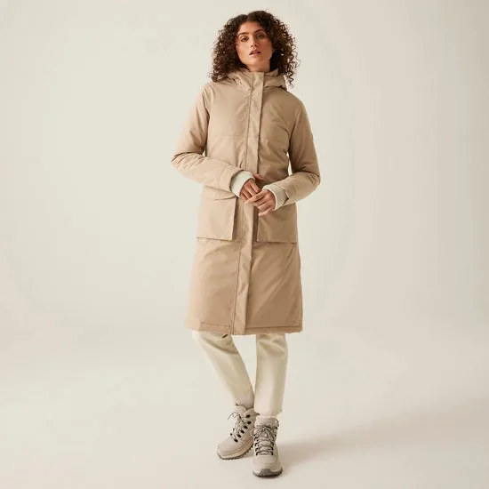 Women's Yarli Waterproof Longline Jacket Warm Taupe Light Vanilla